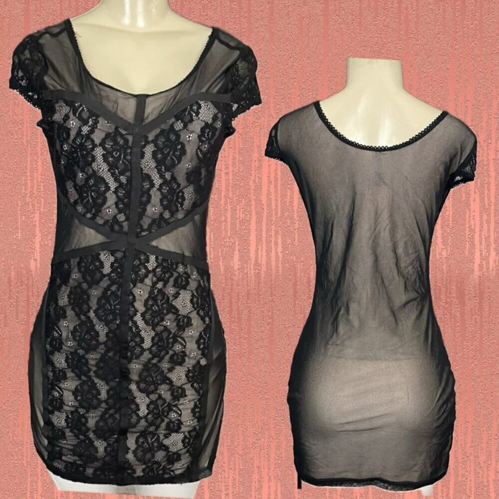 Umgee M Juniors Black Floral Lace Sheer Mesh Lined Accent Cap Sleeve Mini Dress - Picture 1 of 6
